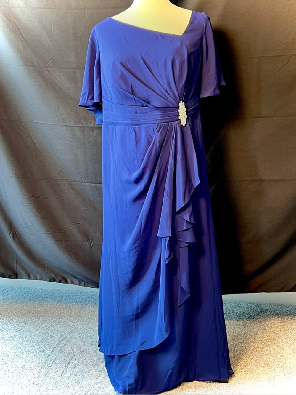 Ever Pretty Royal Blue Maxi Dress with Draped Ruffle and Brooch